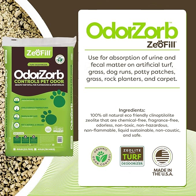 Premium Outdoor Odor Infill - 40lbs. Bag – Pet Urine Odor Eliminator for Artificial Turf, Grass, Playgrounds, & Sport Fields – 97% Pure Clinoptilolite Zeolite – Odor Eliminator & Deodorizer