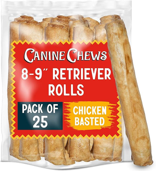 Canine Chews 8-9" Chicken Basted Dog Rawhide Retriever Rolls (25 Pack) - USA-Sourced Chicken Basted Dog Chews - Healthy Dental Chews