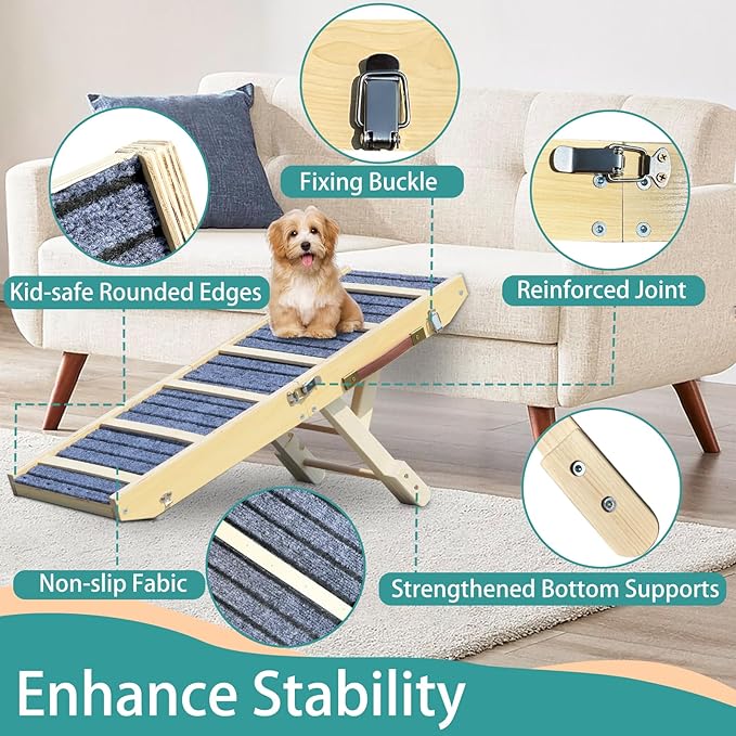 Dog Ramp for Bed, Upgraded 33" Long Portable Dog Ramp for Couch, Wood Folding Pet Ramp for All Breeds Small Old Dogs to Get on Bed, 4 Adjustable Heights 12.9" to 17.7"(Wood, Up to 50lbs)
