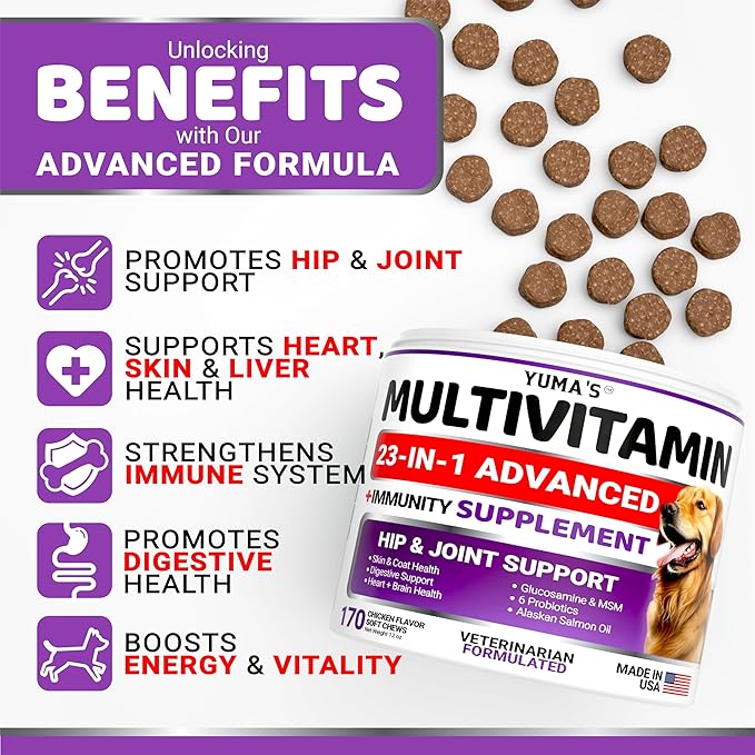 Dog Multivitamin Chewable with Glucosamine - Dog Vitamins and Supplements - 170 Treats - Senior & Puppy Multivitamin for Dogs - Hip & Joint Support - Immune Health, Skin, Heart, Digestion, Probiotics