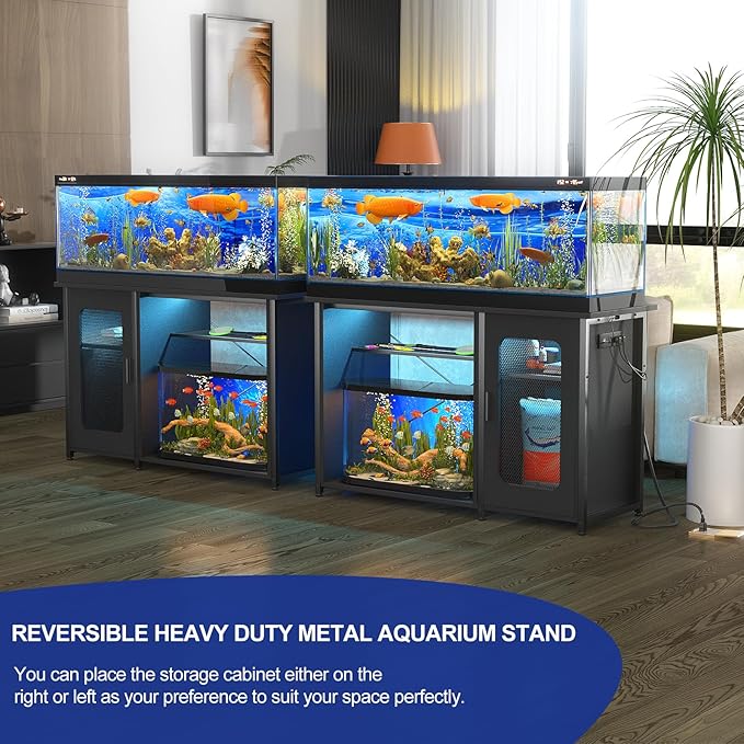 55-75 Gallon Fish Tank Stand with Power Outlets & LED Light, Reversible Heavy Duty Metal Aquarium Stand with Cabinet for Fish Tank Accessories Storage, Turtle/Reptile Terrariums, Black