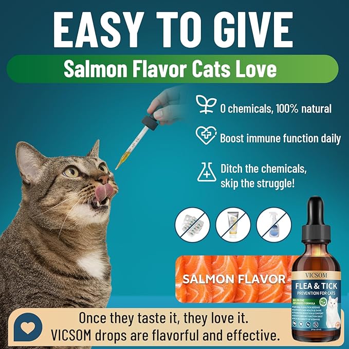 Natural Flea and Tick Prevention for Cats, Herbal Cat Flea and Tick Treatment Support Drops Flea Support with Prebiotics Probiotics for Cats Kitten - Ideal for Sensitive Cat - Salmon Flavor