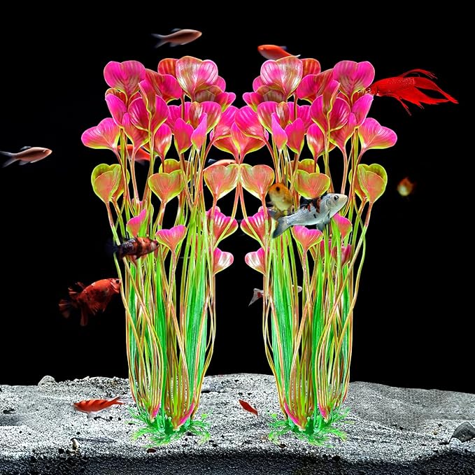 AQUANEAT Artificial Fish Tank Plants, Plastic Aquarium Accessories Large, 15.5 inch Red Decorations, 2pcs