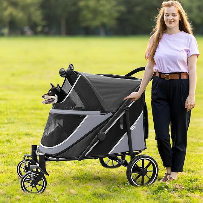 Dog Stroller for Medium/Large Dogs One-Click Folding, Extra Large Pet Stroller for 2 Dogs with Storage Pocket & Shock Absorption, Up to 130 lbs, Grey