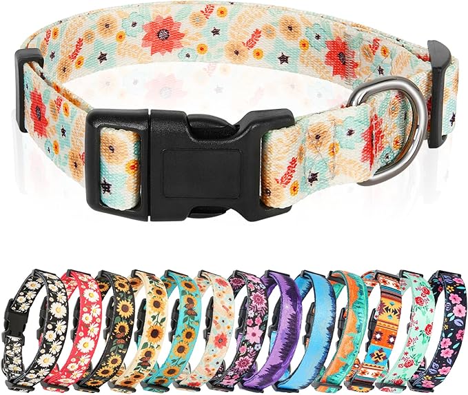 HEELE Dog Collar, Adjustable Soft Dog Collar for Small Medium Large Dogs,Floral Patterned Puppy Collars with Quick Release Buckle Galsang White L Length 15.94''-25.59'