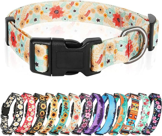 HEELE Dog Collar, Adjustable Soft Dog Collar for Small Medium Large Dogs,Floral Patterned Puppy Collars with Quick Release Buckle Galsang White L Length 15.94''-25.59'