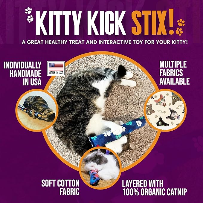 Kitty Kick Stix 15" Catnip Kicker Toy – Set of 2 | Handmade in USA | Interactive Cat & Kitten Toy | Durable Kicker Packed with 100% Potent Catnip for All Breeds (Light/Dark Mix)