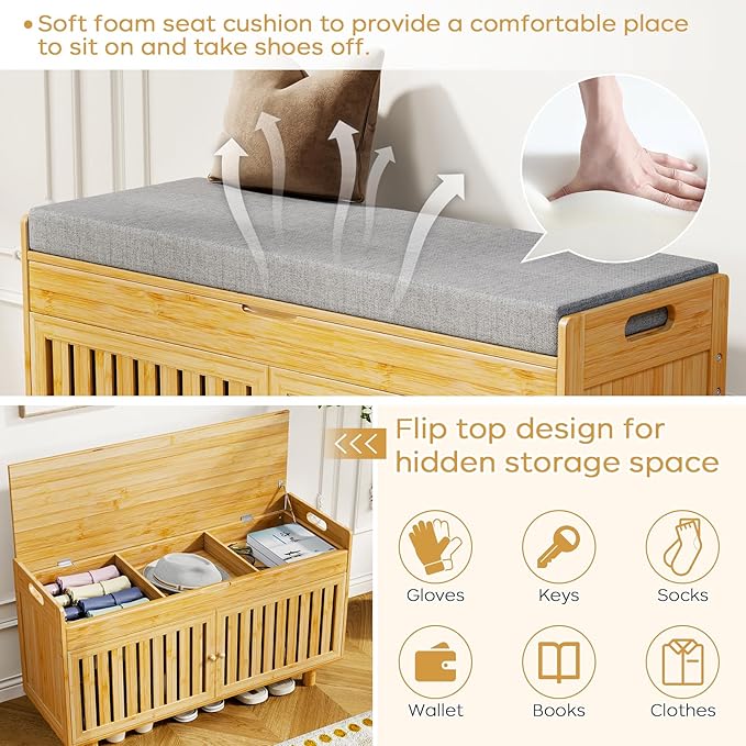 Coat Rack Shoe Bench Set, Bamboo Shoe Storage Bench with Seat Cushion & 5 Hooks, Hall Tree Entryway Bench with Lift Top Hidden Storage, 35.4" W x 12.6" D x 19.7" H, for Entryway, Living Room, Bedroom