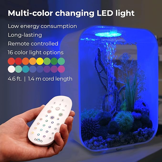 biOrb Life 15 Acrylic 4-Gallon Aquarium with Multi-Color Remote-Controlled LED Lights Modern Compact Tank for Tabletop or Desktop Display, Transparent