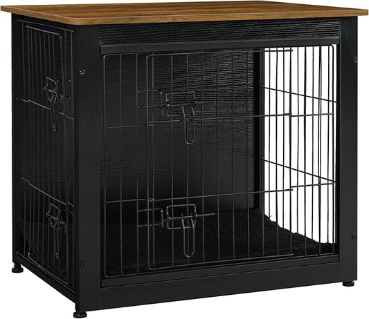 DWANTON Dog Crate Furniture with Cushion, Wooden Kennel Table with Double Doors, Indoor Dog House, Small/Medium/Large Size, 27.2" L, Black+Warm Brown