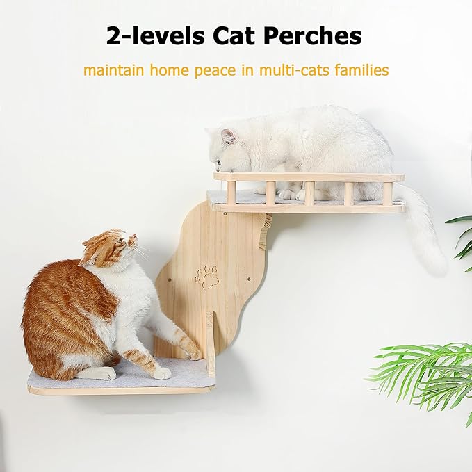 Cat Wall Perches, 2-Levels Corner Shelves Wall-Mounted Platform with Scrathing Mat, Wood Furniture for Indoor Cats Climb,Play and Nap (Right)