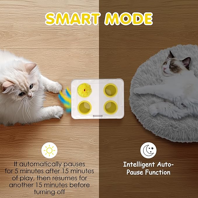 Cat Toys, 2 in1 Automatic Interactive Cat Toys for Indoor Cats, 4 Holes Mice Whack a Mole Cat Mouse Toy with Moving Feather, Rechargeable USB Power Kitten Feather Toys for All Breeds (Yellow)