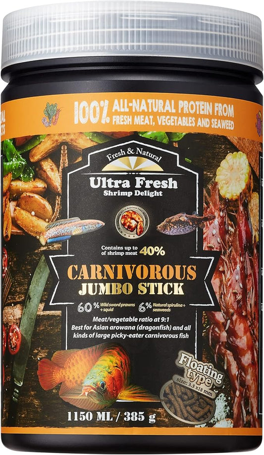 Ultra Fresh Monster Fish Food, Wild Sword Prawns, Floating Sticks for Oscars, Bass, Large Cichlids and Tropical Fish, Carnivorous Jumbo Stick 13.58 oz