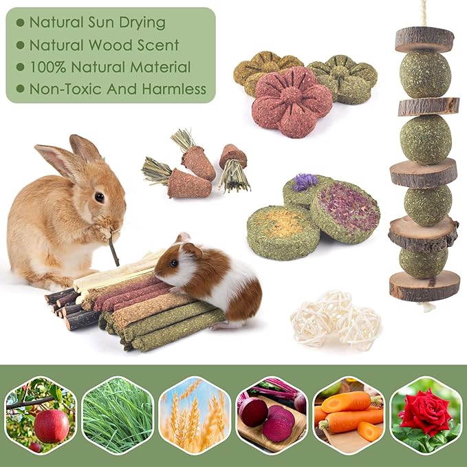 ERKOON Bunny Toys Boredom, 42 PCS Bunnies Timothy Hay Sticks Carrots Rose Grass Cake Dental Care, Molar, Chinchillas Toy Chew Toy, Guinea Pigs, Hamsters, Chinchilla, Rabbit Chew Toys for Teeth