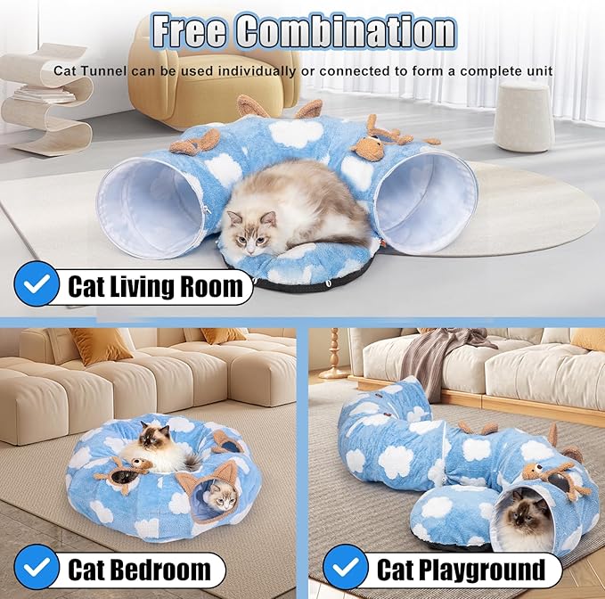 Cat Tunnel Bed, Cat Tunnels for Indoor Cats with Washable Circle Cushion, Multifunctional Peekaboo Cat Cave Donut Tubes Tunnel for Cat Kitty Kitten Puppy Rabbit Ferret (Sky Blue)