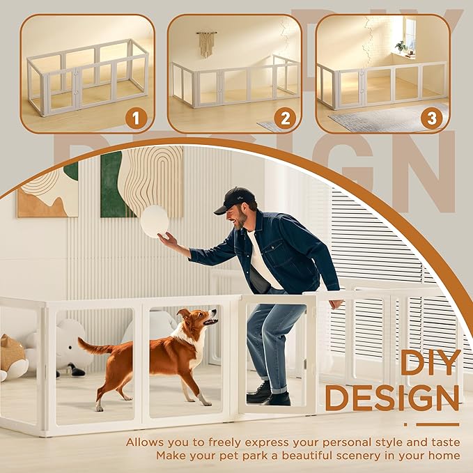 Citylife Clear Acrylic Plastic Dog Playpen Indoor,for Puppy Cat Rabbit Ferret Transparent Pet Pen,Easy Assemble Whelping Crate Kennel Cage Enclosure for Small & Medium Dogs 8 Panels