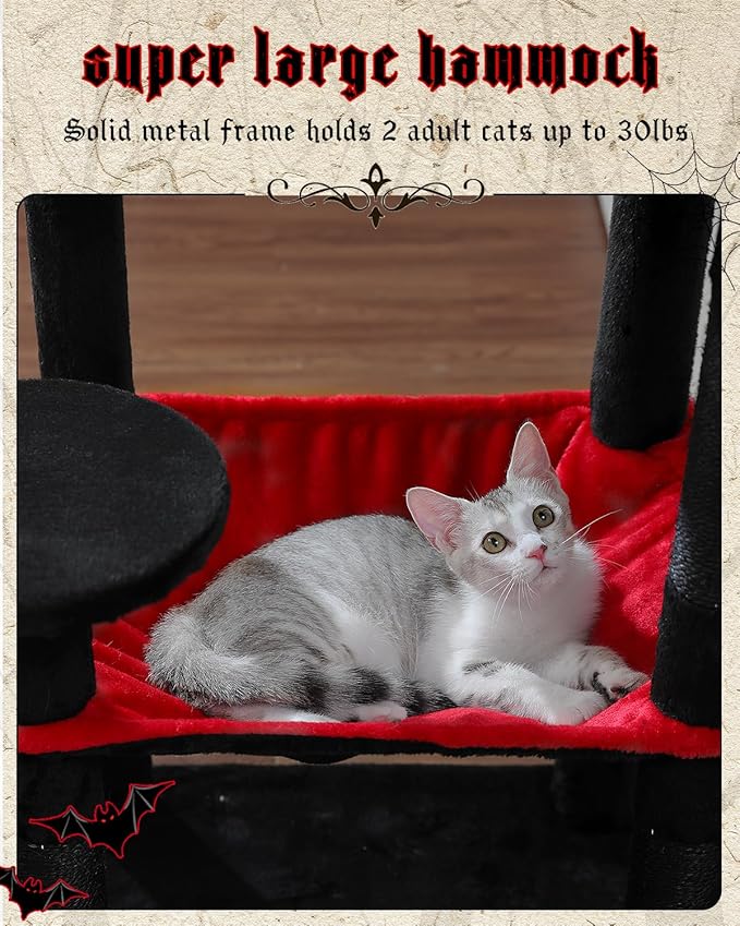Gothic Cat Tree with Super Large Hammock, 56.3" Black Cat Tower with Coffin Bed, Cat Condo, Sisal Scratching Posts & Top Perch, Multi-Level Goth Cat Tree, Halloween, Black