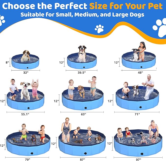 87" x 12" Foldable Dog Pool - Collapsible Hard Plastic Kiddie Pool for Dogs & Kids, Non-Slip Pet Bath Tub for Outdoor Backyard Use, Lightweight & Portable (Blue)