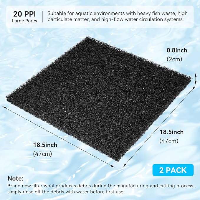 Aquarium Filter Sponge Pad, Filter Media Foam Sponges, Filter Accessories for Fish Tanks and Ponds (18.5"x18.5"x0.8", 20PPI, 2 Pack)
