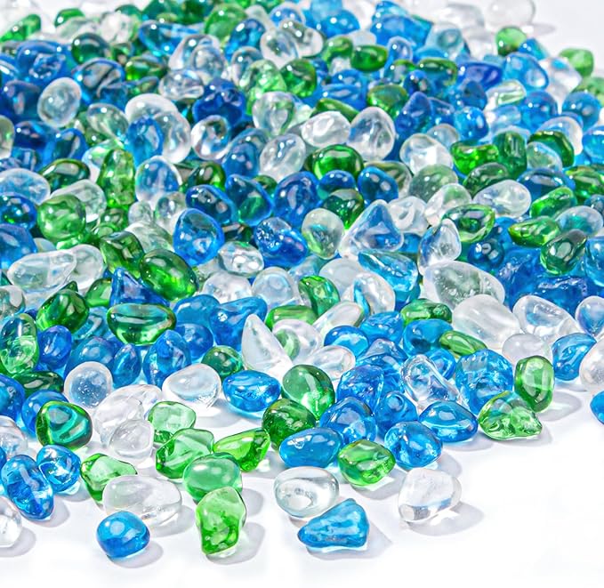 Keedolla Aquarium Glass Pebbles Stones Fish Tank Rocks Gravel, Green Mix Glass Gemstones Fish Bowl Rocks for Vase Fillers, DIY Crafts, Home Decor - 15 Oz, 6-9mm