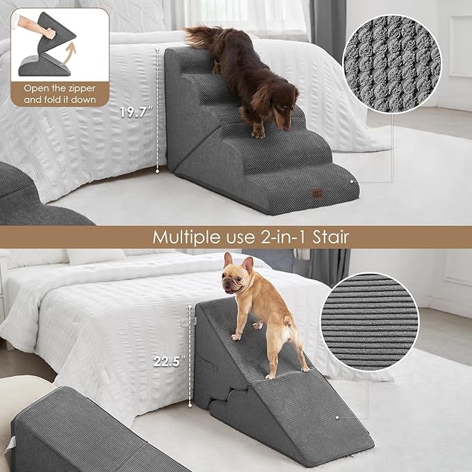 EHEYCIGA Curved Foldable Dog Stairs Ramp for High Beds 22.5" H, 5-Step Dog Steps for Small Dogs and Cats, Pet Stairs for High Bed Climbing, Non-Slip Balanced Pet Step Indoor, Grey