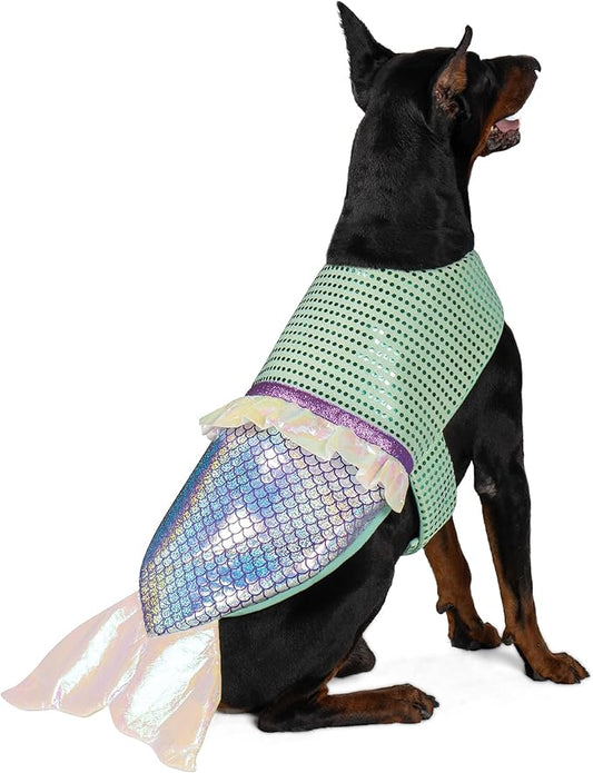 cyeollo Large Dog Costume Mermaid Dog Halloween Costumes Holiday Outfit for Big Dogs Pet Birthday Party Sparkly Clothes, Size XL