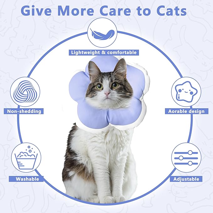 Cat Cone Collar Soft, Waterproof Cats Cones to Stop Licking After Surgery, Adjustable Soft Elizabeth Cats Collars for Wound Healing, Flower Shape Cat Recovery Collar (Purple, Small)