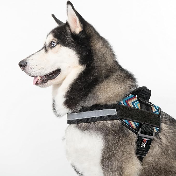 Dogline Dog Harness, Reflective No-Pull Adjustable Vest with Handle for Walking, Training, Breathable, No - Choke Harness for Small, Medium or Large Dogs Room for Patches Aztec Design 2 XS 15"-18"