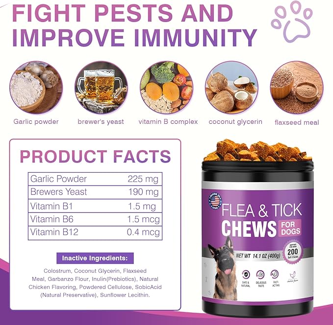 Dog Flea and Tick Treatment Chewable 200 Treatment Chews Natural Soft Chew Fleas Ticks Treatment Dog Oral Chewables Support Supplement Pest Defense Breeds and Ages Dogs Chicken Flavor