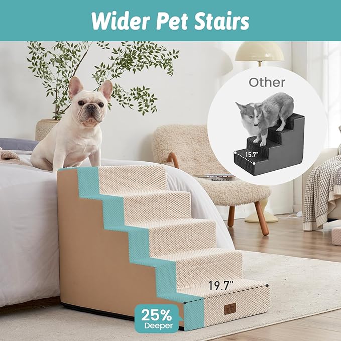 Dog Stairs for Small Dogs, 5 Tier Wider Pet Stairs for High Beds, 23.6" H Non-Slip Dog Steps for Old Cats, Puppies, Small Medium Dogs, 29.5x19.7x23.6 inch, Beige
