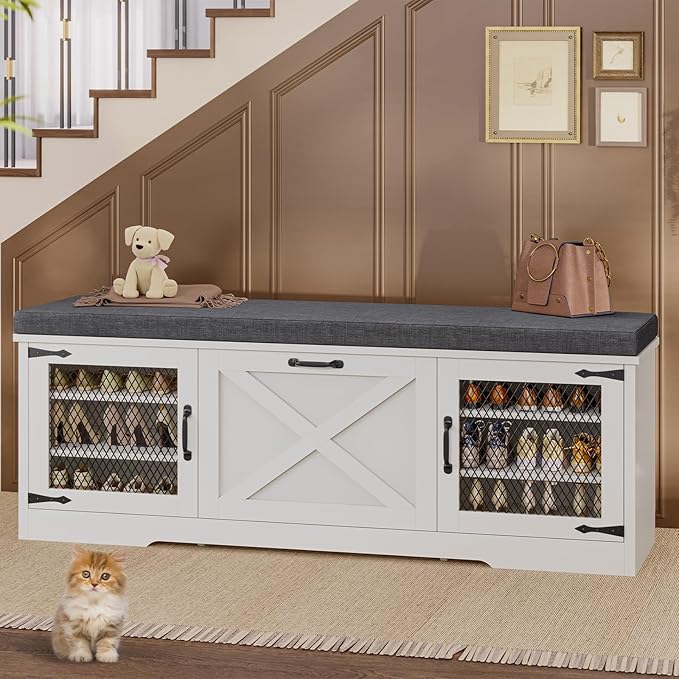 Farmhouse Storage Bench with Flip Drawers & Padded Seat Cushion, Half Hidden Shoe Rack Organizer, Adjustable Shelf Shoe Cabinet for Large Family, Entryway, Bedroom, Living Room (White)