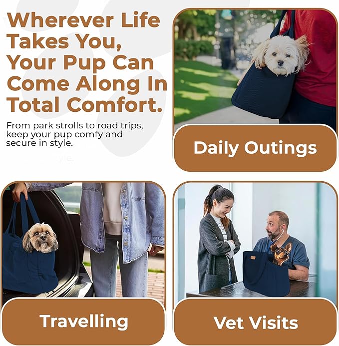 Corduroy Dog Carrier - Lightweight Cotton Soft-Sided Pet Tote with Safety Harness Clip - Breathable Travel Carrier for Small Dogs and Puppies (Dark Blue)