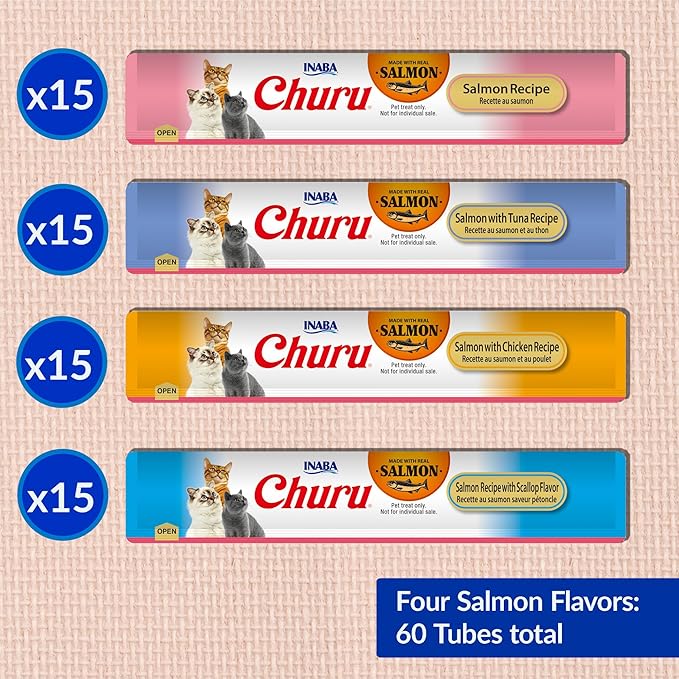 INABA Salmon Churu Cat Treats, Lickable, Squeezable Creamy Purée Cat Treat with Green Tea Extract & Taurine, 0.5 Ounces Each Tube, 60 Tubes, Salmon Variety Box