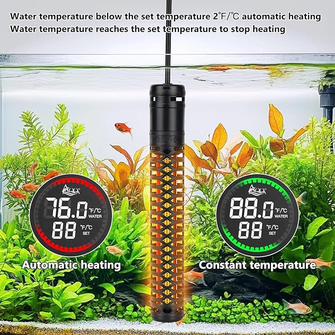 AQQA Aquarium Heater,Submersible Fish Tank Heater 59-93°F/15-34°C External Controller,Rapid Heating,Ultra-high Temperature Protection,Automatic Power-Off When Leaving Water (500W for 80-135 Gallon)