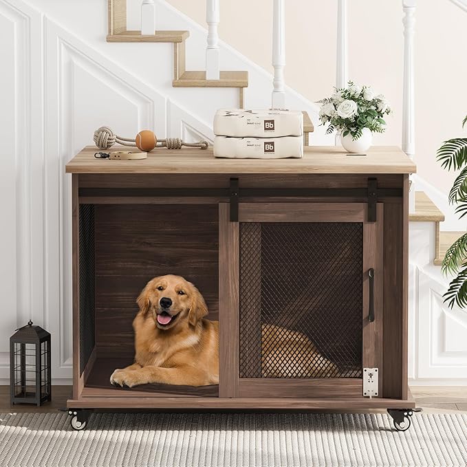 Dog Crate Furniture,37 Inch Indoor Dog Cage with Sliding Barn Door, Flip Top Dog Kennel End Table with Removable Divider, Farmhouse Wooden Pet House for Small to Middle Size Dogs