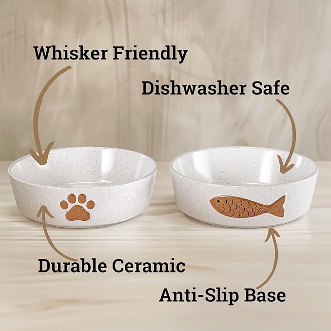 Ceramic Cat Bowls Whisker Friendly - Ceramic Cat Bowl Set of 2 Cute Designs with Anti-Slip Bases - Dishwasher & Microwave Safe Food and Water Bowls for Cats - Dishes for Cats - Kitten Food Bowl Set