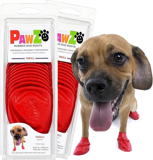 PawZ Rubber Dog Boots for Paws up to 2 1/2", 24 Total (2 Packs of 12) - All-Weather Dog Booties for Hot Pavement, Snow, Mud, and Rain - Waterproof, Anti Slip Dog Socks - Small, Red