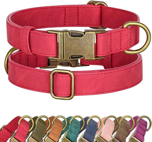 Didog Soft PU Leather Dog Collar, Stylish Quick Released Dog Collars for Medium Dogs, Easy Clean Adjustable Pet Collar for Daily Walking, Red, M Fit 13-21" Neck