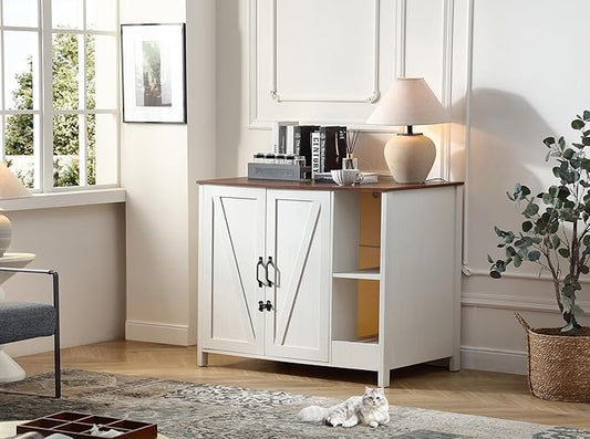 Cat Litter Robot Enclosure,for Placing Litter Robot 3/4,Power Outlet and Dog-Proof Shelf for Litter Robot Cabinet,Litter Collector for Automatic Litter Box Enclosure,Antique White