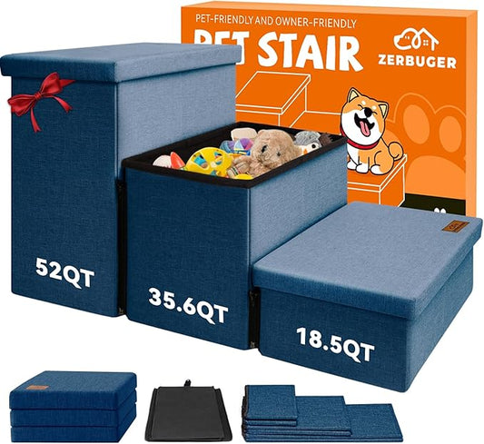 Dog Stairs with Storage 18" H, 3-Step Wider Dog Steps for Large/Medium/Small Older Dogs Cats, Folding Sturdy Pet Stairs Climbing Bed or Couch, Ramp for Car Up to 200 lbs, Navy, No Condo