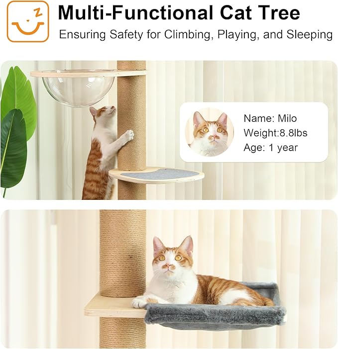 FUKUMARU Floor to Ceiling Cat Tree, 6 Level Adjustable Height (5.7-9.8 ft) Climbing Tower with Thickened Scratching Posts, Cats Activity Center with Transparent Capsule and Cozy Hammock
