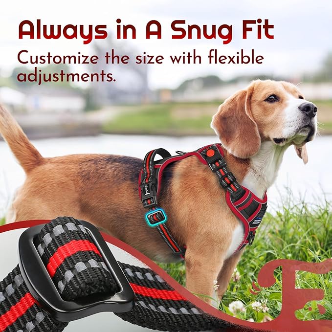 Eagloo Dog Harness for Large Dogs, Easy Wearing with 3 Buckles, Adjustable No Pull Pet Harness with 2 Rings for Walking, No Chock Reflective Soft Padded Vest with Control Handle, Black & Red, L