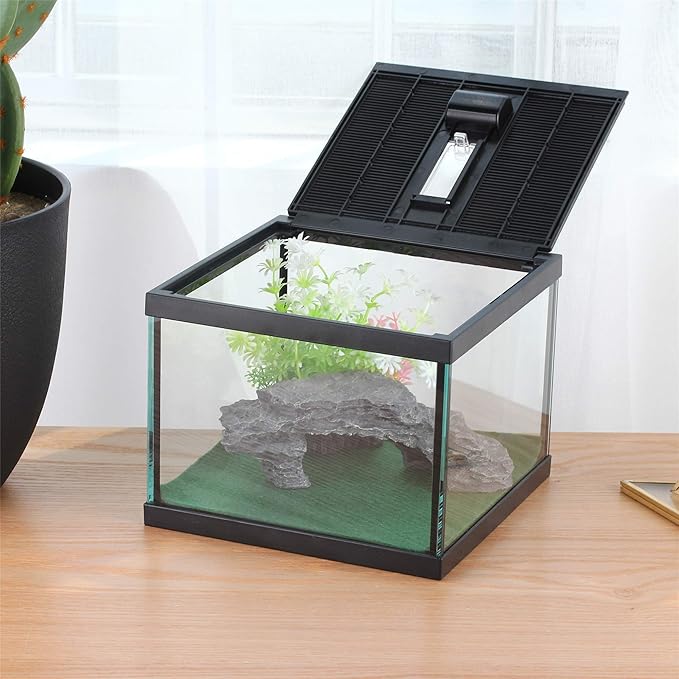 crapelles Glass Lizard Tank, Spider Box Kit, 7.8x7.8x5.9'' Tarantula Feeder Insects Beetle Habitat, Amphibians Terrarium for Small Pet, with Washable Mat, Resin Rock Shape Hideout, Artificial Flower
