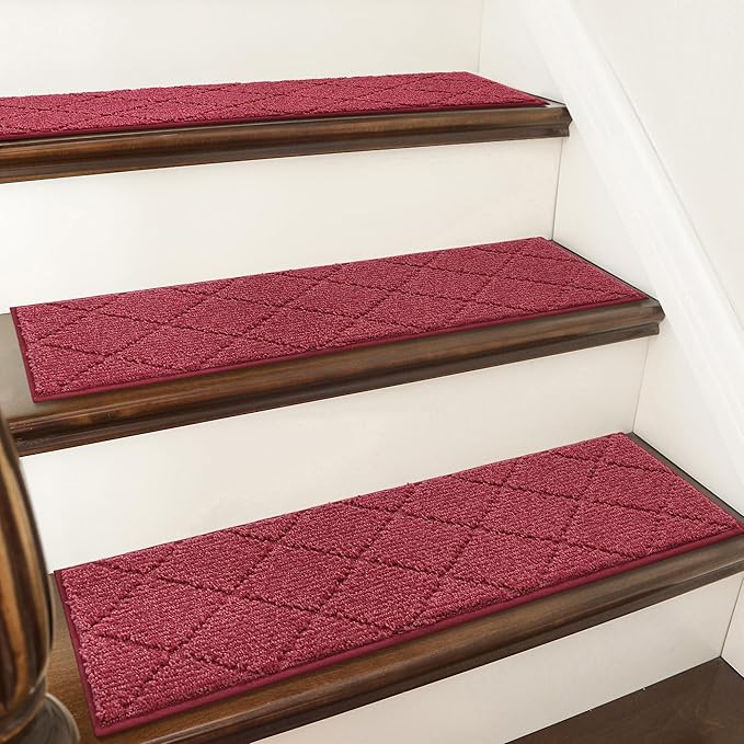 COSY HOMEER Edging Stair Treads Non-Slip Carpet Mat 28inX9in Indoor Stair Runners for Wooden Steps, Edging Stair Rugs for Kids and Dogs, 100% Polyester TPE Backing (7pc, Red, 7)