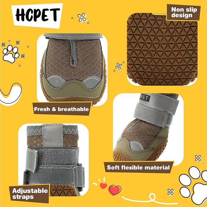 Hcpet Dog Shoes for Large Dogs, Breathable Dog Booties for Small Medium Dogs, Anti-Slip Dog Boots & Paw Protectors for Hot Pavement Winter Snow Hiking with Reflective Straps Army Green Size 1