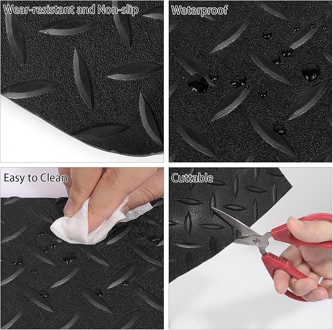 Boshen 7.5Ft x 17Ft Rubber Flooring Mats 2.9mm Thickened Diamond Plate Flooring Roll 127.5sqft Garage Floor Mats Non-Slip Floor Protector Mat for Garage Warehouse Gym Basement-Black