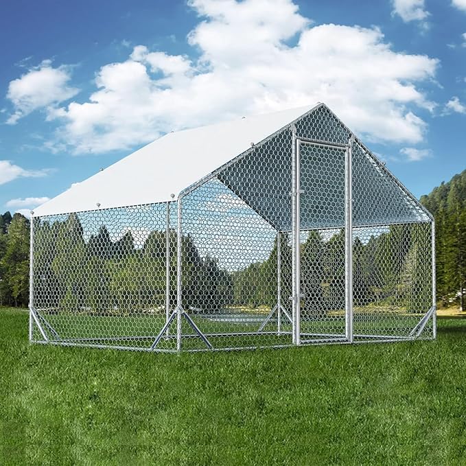 4ever2buy Large Metal Chicken Coop with Run Walk-in Poultry Cage Chicken Runs House Pen Cage Spire Roofed Chicken Coops with Anti-Ultraviolet Cover for Outdoor Backyard Farm Use 9.8’L x 6.6’W x 6.4’H