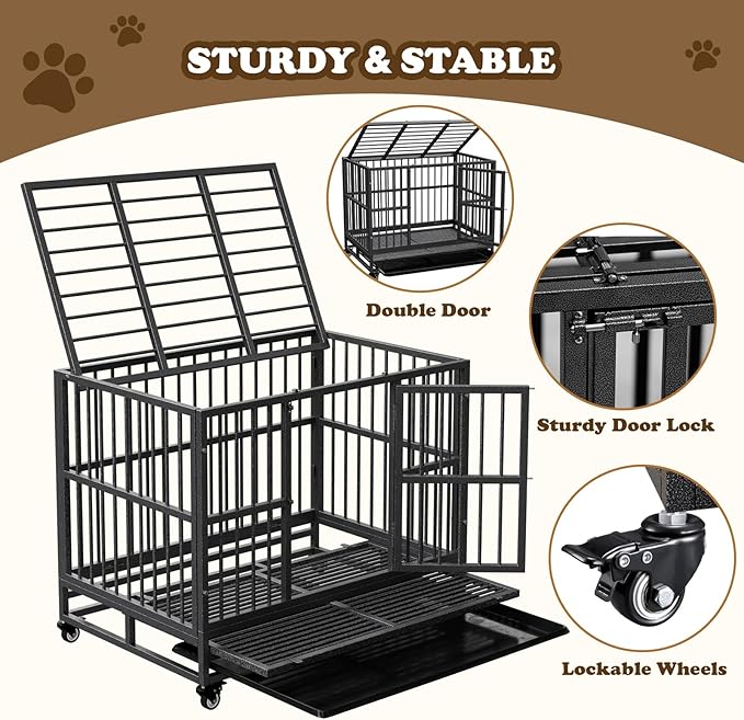Dog Crate with Removable Tray, 37/42/46 Inch Indestructible and Escape Proof Steel Dog Cage Kennel for High Anxiety Dogs, Heavy Duty Dog Crate with Wheels, Double Door, Extra Large XL XXL