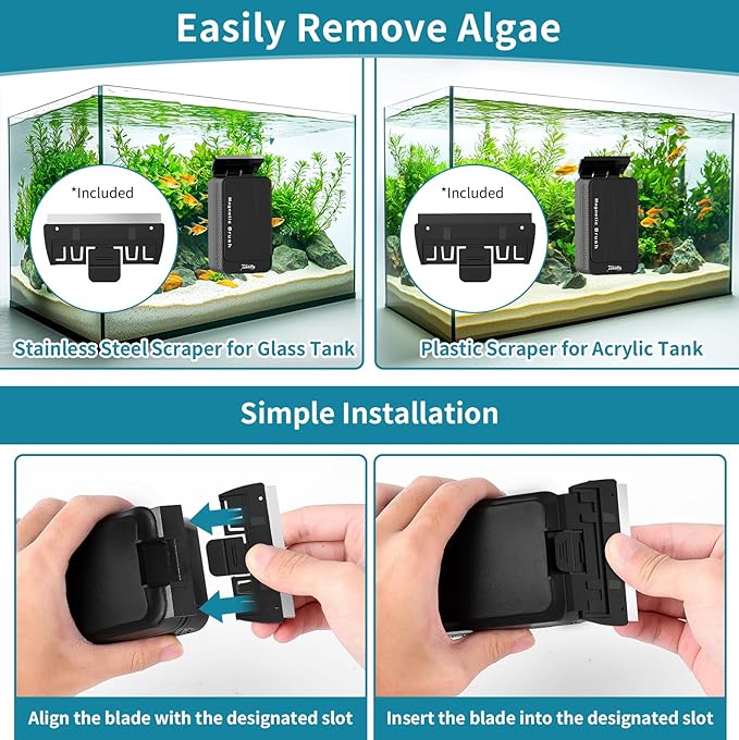hygger Aquarium Magnet Glass Cleaner, Magnetic Fish Tank Cleaner with 2 Blades For Glass and Acrylic Aquariums, Aquarium Algae Scraper with Super Strong Magnet for Fish Tanks 0.3-0.6Inch Thickness (L)