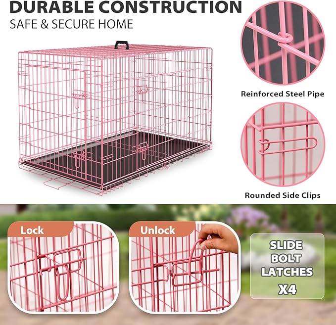 BestPet | Dog Crate | 24" | Pink | Foldable Metal Kennel with Double Doors, Secure Slide-Bolt Latches, Leakproof Tray | Portable Dog Cage for Small Breeds | for Travel, Indoor & Outdoor Use